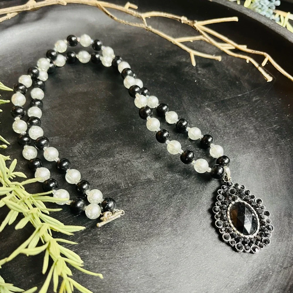 Vintage Black‎ Glass Necklace | Clear Teardrop Pendant • Elegant Retro Statement